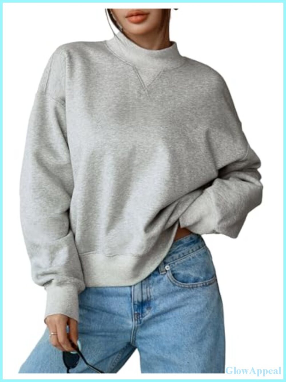 Women's Cropped Mock Neck Sweatshirt 85% Cotton Relaxed Pullover